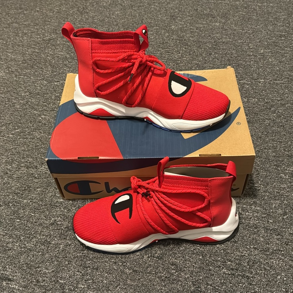 New Mens Champion Rally Hype Mid High Top Shoes Size 10.5 Scarlet Red & White - Picture 2 of 6